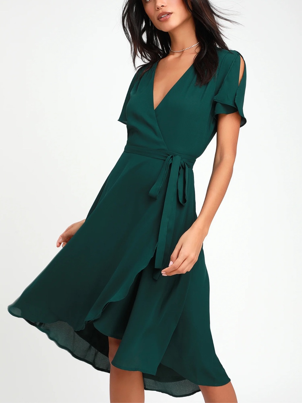 Lulus Wrap Belted Midi Dress Size XL Emerald Green Ruffle Hem Flutter Sleeve
